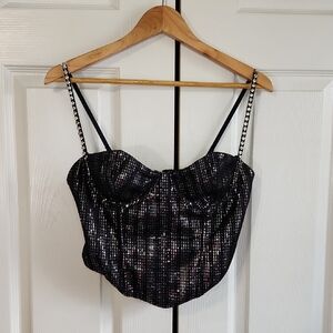 White Fox Womens Black & Silver Sequin Corset Top‎ Med Rhinestones Alternative